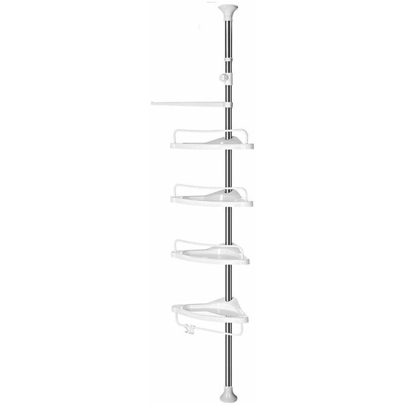 Étagère de douche télescopique étagère d'angle de salle de bain hauteur  95-300 cm du sol au plafond poteau en inox 4 plateaux 3 crochets 1  porte-serviettes blanc et argent helloshop26 12_0002733 - Conforama