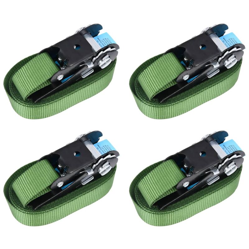 Lot De 4 Sangles D'Arrimage Vertes 2,5m X 25mm - Cliquet 250kg Max - Pour Moto, Voiture, Porte-Vélos