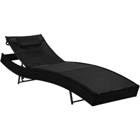 Transat chaise longue bain de soleil lit de jardin terrasse meuble d'extérieur avec oreiller résine tressée noir (1/5)