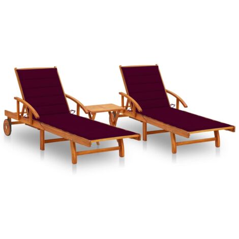 Lot de 2 transats chaise longue bain de soleil lit de jardin terrasse meuble d'extérieur avec table et coussins acacia solide (1/5)
