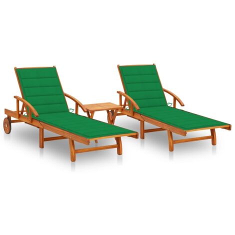 Lot de 2 transats chaise longue bain de soleil lit de jardin terrasse meuble d'extérieur avec table et coussins acacia solide (1/5)