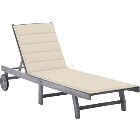 Transat chaise longue bain de soleil lit de jardin terrasse meuble d'extérieur avec coussin gris bois d'acacia solide (1/5)