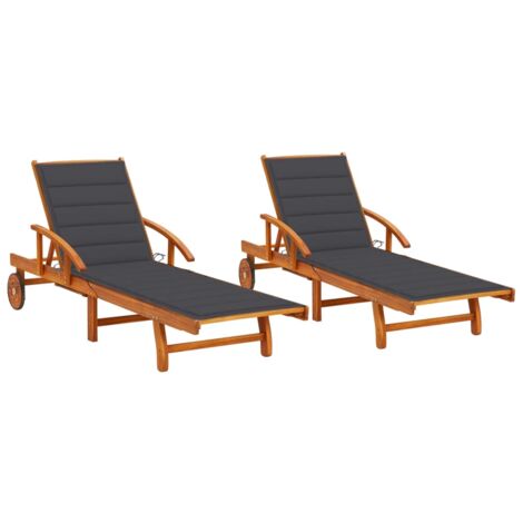 Lot de 2 transats chaise longue bain de soleil lit de jardin terrasse meuble d'extérieur avec coussins bois d'acacia solide (1/5)