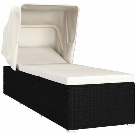 Transat chaise longue bain de soleil lit de jardin terrasse meuble d'extérieur avec auvent et coussin résine tressée blanc crème (1/5)