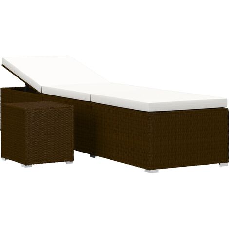 Transat chaise longue bain de soleil lit de jardin terrasse meuble d'extérieur avec coussin et table à thé résine tressée marron (1/5)