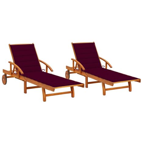 Lot de 2 transats chaise longue bain de soleil lit de jardin terrasse meuble d'extérieur avec coussins bois d'acacia solide (1/5)