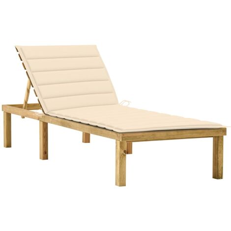 Transat chaise longue bain de soleil lit de jardin terrasse meuble d'extérieur avec coussin crème bois de pin imprégné (1/5)