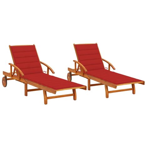 Lot de 2 transats chaise longue bain de soleil lit de jardin terrasse meuble d'extérieur avec coussins bois d'acacia solide (1/5)