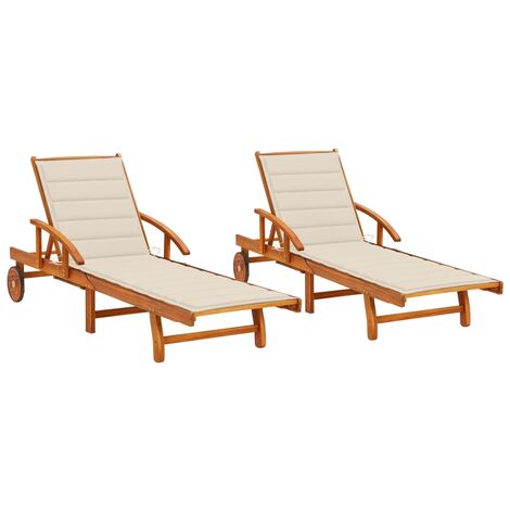 Lot de 2 transats chaise longue bain de soleil lit de jardin terrasse meuble d'extérieur avec coussins bois d'acacia solide (1/5)
