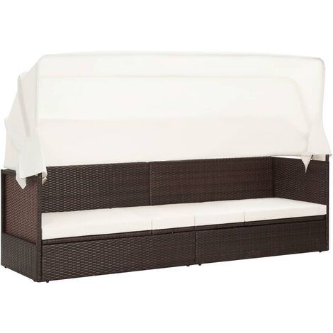 Transat chaise longue bain de soleil lit de jardin terrasse meuble d'extérieur avec auvent résine tressée marron (1/5)