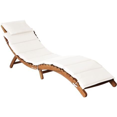 Transat chaise longue bain de soleil lit de jardin terrasse meuble d'extérieur avec coussin bois d'acacia solide crème (1/5)