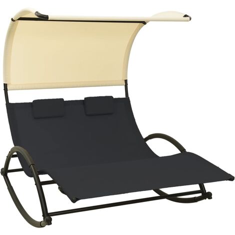 Transat chaise longue bain de soleil lit de jardin terrasse meuble d'extérieur double avec auvent textilène noir et crème (1/5)
