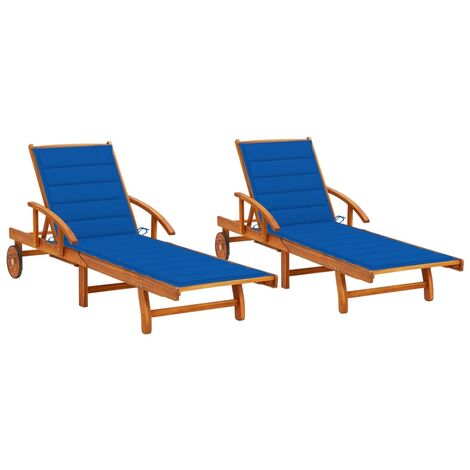 Lot de 2 transats chaise longue bain de soleil lit de jardin terrasse meuble d'extérieur avec coussins bois d'acacia solide (1/5)