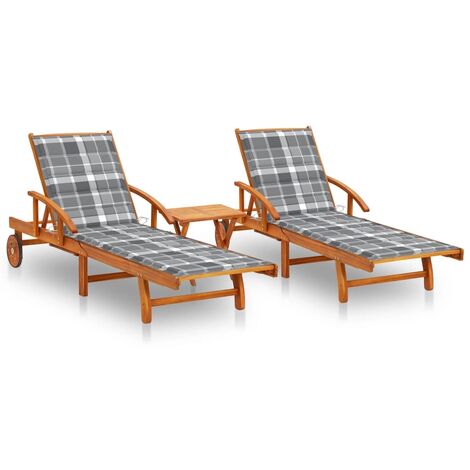 Lot de 2 transats chaise longue bain de soleil lit de jardin terrasse meuble d'extérieur avec table et coussins acacia solide (1/5)