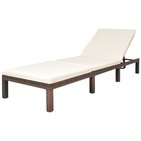 Transat chaise longue bain de soleil lit de jardin terrasse meuble d'extérieur avec coussin résine tressée marron (1/5)