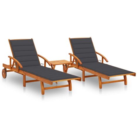 Lot de 2 transats chaise longue bain de soleil lit de jardin terrasse meuble d'extérieur avec table et coussins acacia solide (1/5)