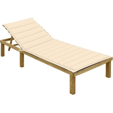 Transat chaise longue bain de soleil lit de jardin terrasse meuble d'extérieur avec coussin crème bois de pin imprégné (1/5)
