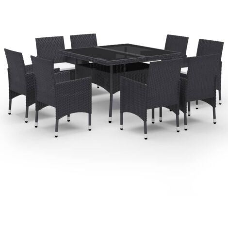 Ensemble à dîner salon de jardin meuble d'extérieur 9 pièces résine tressée et verre noir (1/5)