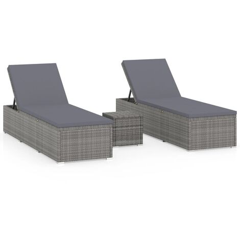 Chaises longues transat de jardin table à thé 3 pièces résine tressée gris (1/5)