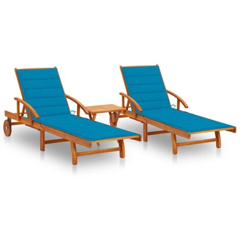 Lot de 2 transats chaise longue bain de soleil lit de jardin terrasse meuble d'extérieur avec table et coussins acacia solide (1/5)