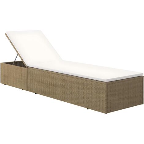 Transat chaise longue bain de soleil lit de jardin terrasse meuble d'extérieur résine tressée marron et blanc crème (1/5)
