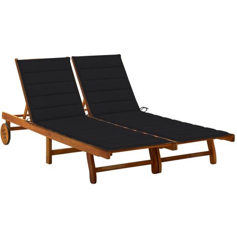Transat chaise longue bain de soleil lit de jardin terrasse meuble d'extérieur 2 places avec coussins acacia solide (1/5)