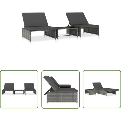 Lot de 2 transats chaise longue bain de soleil lit de jardin terrasse meuble d'extérieur avec table résine tressée gris (1/5)