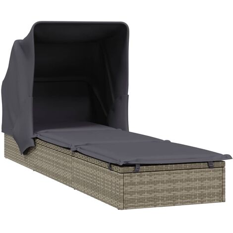 Transat chaise longue bain de soleil avec toit pliable 213 x 63 x 97 cm résine tressée gris (1/5)