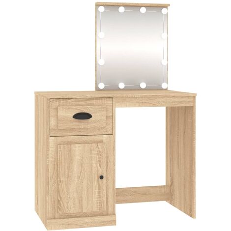 Coiffeuse table de maquillage design meuble mobilier de chambre avec led 90 x 50 x 132,5 cm bois d'ingénierie chêne (1/5)