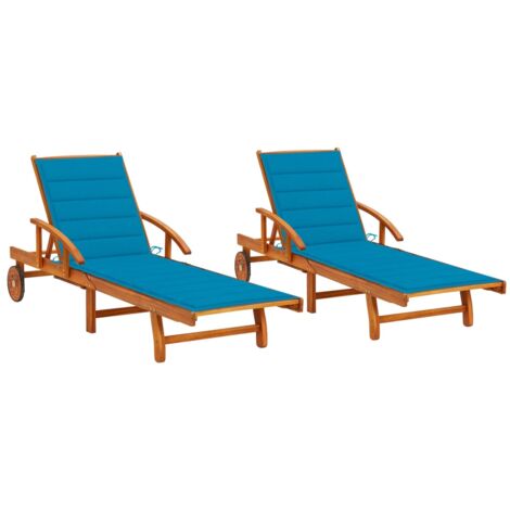 Lot de 2 transats chaise longue bain de soleil lit de jardin terrasse meuble d'extérieur avec coussins bois d'acacia solide (1/5)