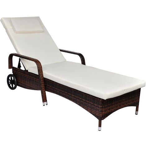 Transat chaise longue bain de soleil lit de jardin terrasse meuble d'extérieur avec coussin et roues résine tressée marron (1/3)