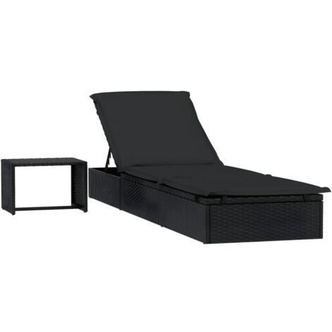 Transat chaise longue bain de soleil avec table résine tressée noir (1/5)