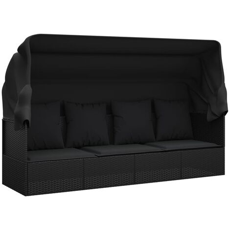 Lit de salon d'extérieur toit et coussins 203 x 58 x 56 cm résine tressée noir (1/5)
