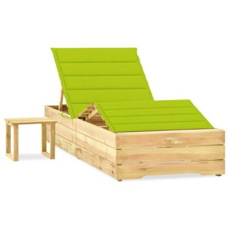 Transat chaise longue bain de soleil lit de jardin terrasse meuble d'extérieur 198 cm avec table et coussin pin imprégné (1/5)