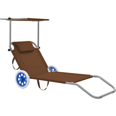 Transat chaise longue bain de soleil lit de jardin terrasse meuble d'extérieur pliable avec auvent et roues acier taupe (1/5)