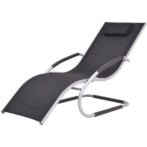 Transat chaise longue bain de soleil lit de jardin terrasse meuble d'extérieur avec oreiller aluminium et textilène noir (1/5)