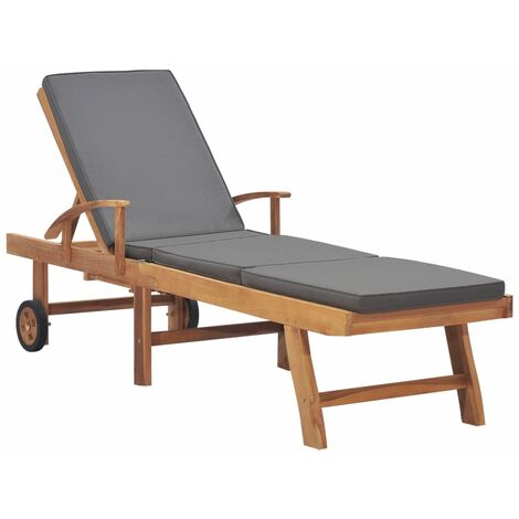 Transat chaise longue bain de soleil lit de jardin terrasse meuble d'extérieur avec coussin bois de teck solide gris foncé (1/5)