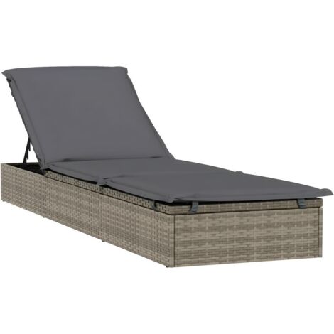 Transat chaise longue bain de soleil lit de jardin terrasse meuble d'extérieur 201 cm avec coussin gris 201x55x62 cm résine tressée (1/5)