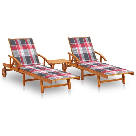 Lot de 2 transats chaise longue bain de soleil lit de jardin terrasse meuble d'extérieur 199 cm avec table et coussins acacia solide (1/5)