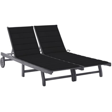 Transat chaise longue bain de soleil lit de jardin terrasse meuble d'extérieur 2 places avec coussin acacia gris (1/5)