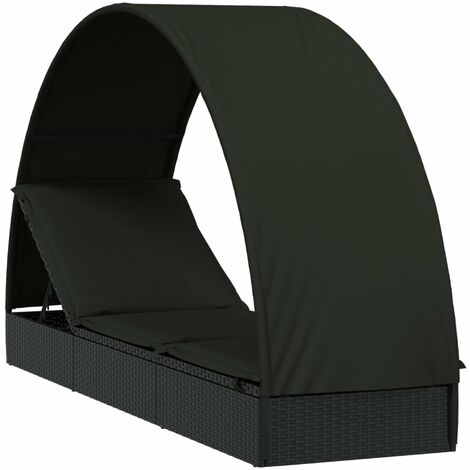 Transat chaise longue bain de soleil lit de jardin terrasse meuble d'extérieur avec toit rond noir 211x57x140 cm résine tressée (1/5)