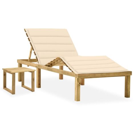 Transat chaise longue bain de soleil lit de jardin terrasse meuble d'extérieur 200 x 70 x (31,5-77) cm avec table et coussin pin imprégné (1/5)