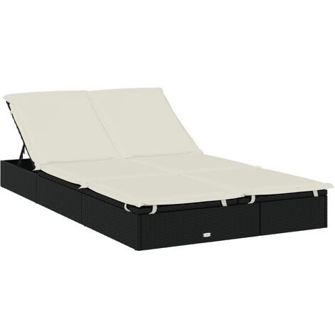 Transat chaise longue bain de soleil lit de jardin terrasse meuble d'extérieur à 2 places avec coussins noir résine tressée (1/5)