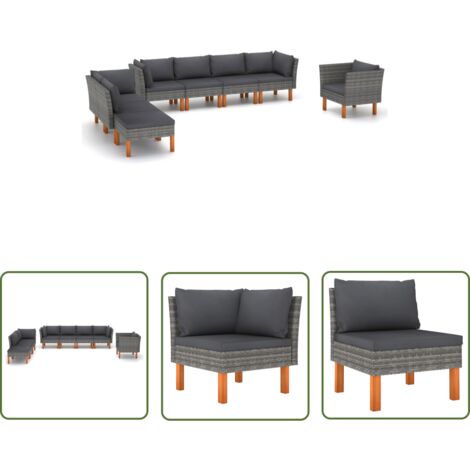 Salon de jardin meuble d'extérieur ensemble de mobilier 8 pièces résine tressée et bois d'eucalyptus gris (1/5)