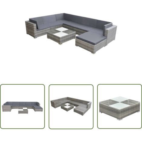 Salon de jardin 8 pcs avec coussins Résine tressée Gris (1/5)