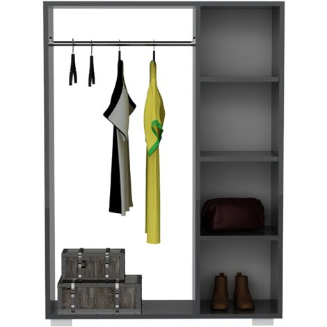 en.casa] Armoire pour Chambre Portant à Vêtements Garde-Robe Ouvert avec Barre de Penderie 4 Compartiments de Rangement Panneau de Particules Plastique 126 x 90 x 30 cm Anthracite