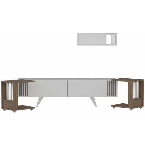 Ensemble Meuble TV En.casa Avec 2 Tables D'Appoint - Effet Chêne/Blanc - Panneau Particules 18mm