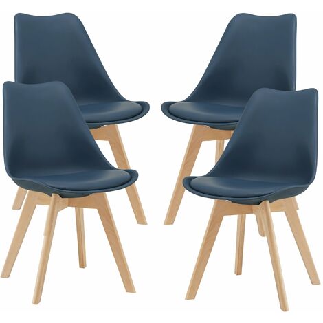 Lot de 4 chaises de salle à manger similicuir hêtre bleu (1/5)