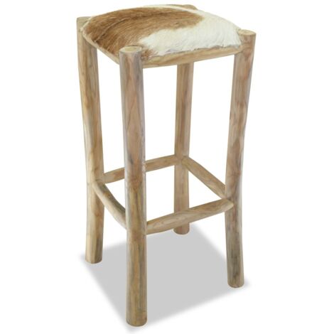 Tabouret de bar design chaise siège cuir véritable teck carré marron (1/5)