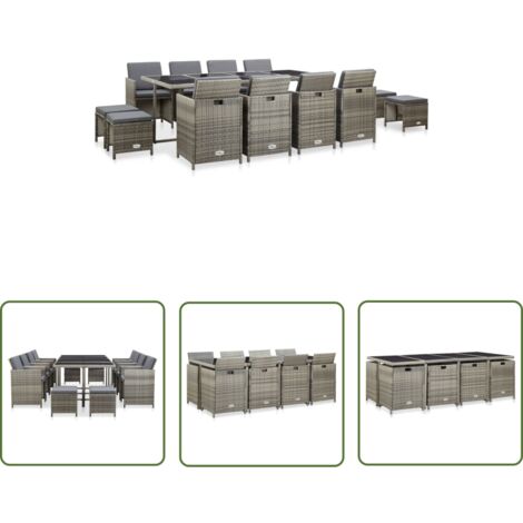 Mobilier à dîner salon de jardin 13 pièces et coussin résine tressée gris (1/5)
